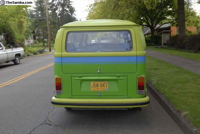 1973 VW Bus Factory Lime Green Apple Green two tone with Blue Stripe